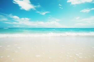ai generato pulito oceano onde rottura su bianca sabbia spiaggia con turchese Smeraldo colorato acqua foto