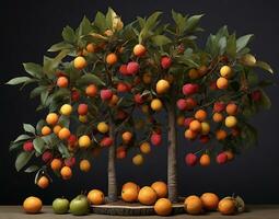 ai generato kumquat albero con frutta su un' nero sfondo. 3d rendere foto