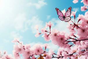 ai generato fioritura ciliegia contro sfondo di blu cielo e farfalle su natura all'aperto. rosa sakura fiori, sognante romantico Immagine molla, paesaggio panorama, copia spazio foto