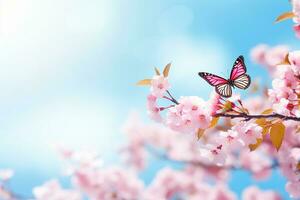 ai generato fioritura ciliegia contro sfondo di blu cielo e farfalle su natura all'aperto. rosa sakura fiori, sognante romantico Immagine molla, paesaggio panorama, copia spazio foto