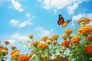 ai generato farfalla su fiori nel erba nel raggi di luce del sole, macro. primavera estate fresco artistico Immagine di bellezza mattina natura. selettivo morbido messa a fuoco foto