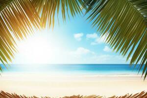 ai generato astratto sfocatura sfocato sfondo. tropicale estate spiaggia con d'oro sabbia, turchese oceano e blu cielo con bianca nuvole su luminosa soleggiato giorno. colorato paesaggio per estate foto