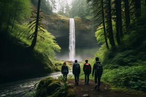 ai generato persone in viaggio nel il mezzo di il foresta foto