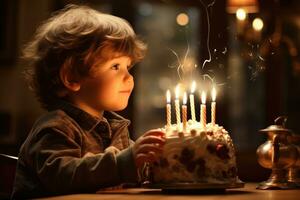 ai generato carino poco ragazzo soffiaggio su candele su un' compleanno torta a casa, un' bambino fabbricazione un' desiderio prima soffiaggio su compleanno candele, ai generato foto