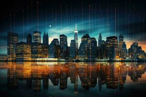 ai generato nuovo York città grattacieli a notte con raggiante luci e riflessi, un' città orizzonte a crepuscolo con il edificio luci, ai generato foto