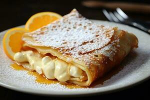 ai generato crepes con fragola marmellata e in polvere zucchero su un' nero piatto, un' ripieno di formaggio francese crespo con un' spolverare di in polvere zucchero, ai generato foto