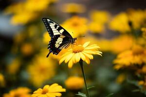 ai generato un' giallo e nero farfalla pertica su un' giallo fiore foto