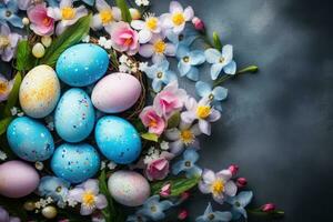 ai generato colorato Pasqua uova nel nido e primavera fiori su buio sfondo, contento Pasqua, congratulazioni Pasqua sfondo, Pasqua uova e fiori, ai generato foto