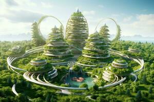 ai generato futuristico città con verde alberi e blu cielo. 3d rendering, illustrare il integrazione di rinnovabile energia fonti e eco-friendly architettura nel un' sostenibile città, ai generato foto