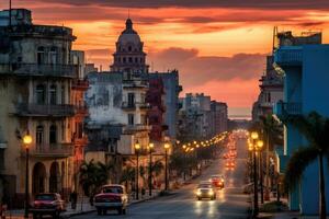 ai generato paesaggio urbano di havana a tramonto, Cuba. vivace colori, l'Avana, Cuba, centro orizzonte, ai generato foto