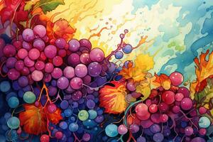 ai generato colorato acquerello sfondo con uva e le foglie. vettore illustrazione, illustrazione in mostra un' fusione fra puntinismo e alcool inchiostro la pittura, ai generato foto