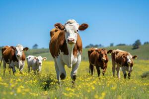 ai generato mandria di mucche pascolo nel un' prato su un' soleggiato giorno, mandria di mucca e vitello coppie su pascolo su il Manzo bestiame ranch, ai generato foto