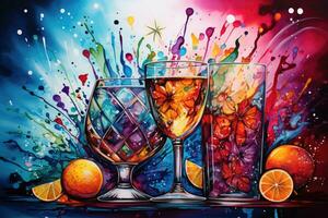 ai generato cocktail nel bicchieri con spruzzi e frutta su colorato sfondo, illustrazione in mostra un' fusione fra puntinismo e alcool inchiostro la pittura, ai generato foto