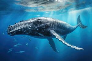 ai generato gobba balena nel in profondità blu acqua. subacqueo scena, gobba balena con grazia nuoto nel il in profondità blu oceano, catturato attraverso subacqueo fotografia, ai generato foto