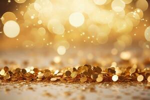 ai generato d'oro coriandoli su bokeh sfondo. Natale e nuovo anno concetto, d'oro coriandoli su un' bokeh sfondo, contribuendo per un' festivo decorazione, ai generato foto