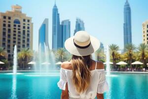 ai generato giovane donna nel bianca vestito e cappello su il sfondo di dubai Fontana, contento turista ragazza posteriore Visualizza a piedi vicino fontane nel dubai città, vacanza e giro turistico concetto, ai generato foto