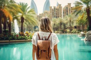 ai generato indietro Visualizza di giovane donna turista con zaino guardare a dubai città orizzonte. viaggio concetto, contento turista ragazza posteriore Visualizza a piedi vicino fontane nel dubai città, vacanza e, ai generato foto