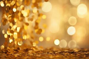 ai generato d'oro coriandoli su bokeh sfondo. Natale e nuovo anno concetto, d'oro coriandoli su un' bokeh sfondo, contribuendo per un' festivo decorazione, ai generato foto