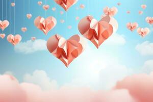 ai generato origami carta cuori sospeso su il cielo. san valentino giorno sfondo, a forma di cuore carta arte sospeso a partire dal il cielo su un' pastello sfondo, ai generato foto