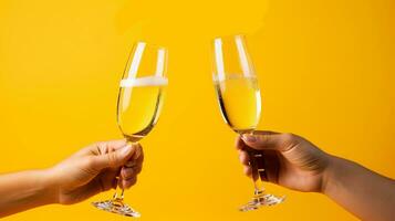 ai generato Due femmina mani tintinnante bicchieri di Champagne su un' giallo sfondo. Due bicchieri con scintillante Champagne nel mani. foto