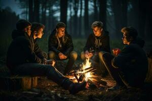 ai generato gruppo di giovane amici seduta vicino falò a notte campeggio concetto, giovane persone seduta in giro un' falò ai generato foto