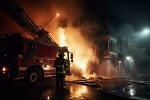 ai generato i vigili del fuoco estinzione un' fuoco nel un' edificio a notte ai generato foto