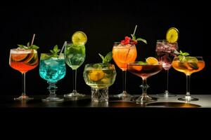 ai generato diverso colorato cocktail nel bicchieri su un' tavolo, decorazione di diverso cocktail nel diverso bicchieri ai generato foto