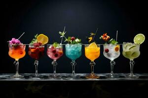 ai generato diverso colorato cocktail nel bicchieri su un' tavolo, decorazione di diverso cocktail nel diverso bicchieri ai generato foto