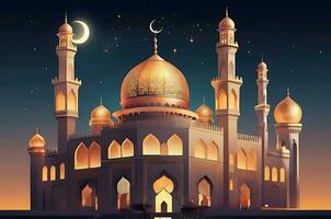 ai generato illustrazione di sorprendente architettura design di musulmano moschea Arabo lanterna di Ramadan celebrazione. foto