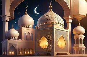 ai generato illustrazione di sorprendente architettura design di musulmano moschea Arabo lanterna di Ramadan celebrazione. foto