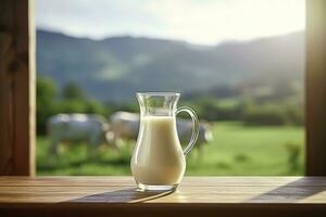 ai generato bicchiere brocca con fresco latte su un' di legno tavolo. ai generato foto