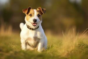 ai generato contento Jack russell terrier animale domestico cane in attesa, ascoltando nel il erba. ai generato foto