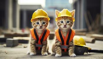 ai generato Due gattini indossare difficile cappelli su un' costruzione luogo. generativo ai foto