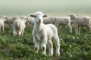 ai generato bianca agnello nel un' campo nel davanti di altro animali. generativo ai foto