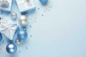 ai generato Natale vigilia concetto. superiore Visualizza foto di blu e argento palline fiocco di neve ornamenti elegante presente scatole e coriandoli. ai generato