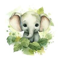 ai generato contento carino bambino elefante nel verde le foglie nel il acquerello stile. ai generato foto