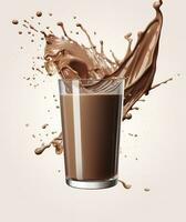 ai generato bicchiere con spruzzi cacao, cioccolato versando, e spruzzata. 3d illustrazione. ai generato foto