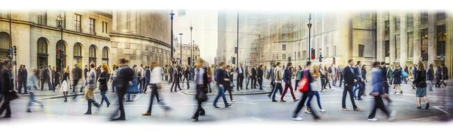 ai generato a piedi persone sfocatura. molte di persone camminare nel il città di Londra. largo panoramico Visualizza di persone attraversamento il strada. ai generato foto