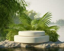 ai generato pietra Prodotto Schermo podio per cosmetico Prodotto con verde natura giardino sfondo. generativo ai foto