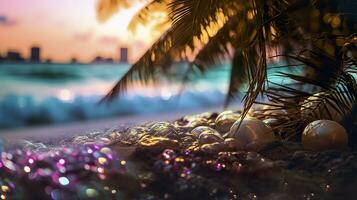 ai generato spiaggia con onde e Noce di cocco alberi a tramonto. generativo ai foto