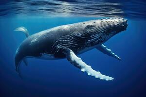 ai generato gobba balena nuoto nel in profondità blu acqua. subacqueo scena, gobba balena subacqueo nel il caraibico, ai generato foto