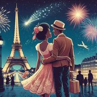 ai generato un' romantico di coppia sotto il fuochi d'artificio di il eiffel Torre foto