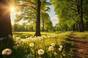 ai generato verde natura paesaggio con cotone fiori nel primavera foto