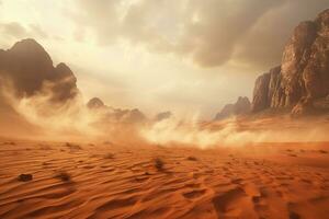 ai generato natura paesaggio nel arabo deserto con polvere e forte vento foto