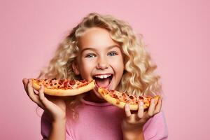ai generato allegro ragazza con Pizza nel sua mano rosa sfondo foto