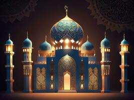 ai generato illustrazione di sorprendente architettura design di musulmano moschea Arabo lanterna di Ramadan celebrazione. ai generato foto