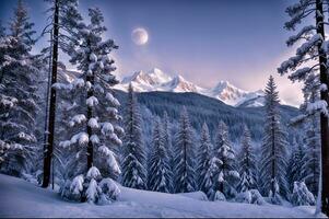 ai generato un' sereno inverno paesaggio, intatto di umano presenza, con un' innevato foresta illuminato di il morbido leggero di il Luna. foto