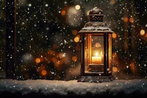 ai generato Natale lanterna su di legno tavolo e nevicata foto