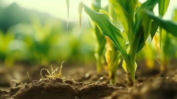 ai generato crescere di mais vesciche su superiore di il ramo nel azienda agricola, luce del sole su esso foto