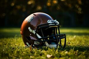 ai generato americano calcio casco su il campo con sfocato stadio sfondo ai generato foto